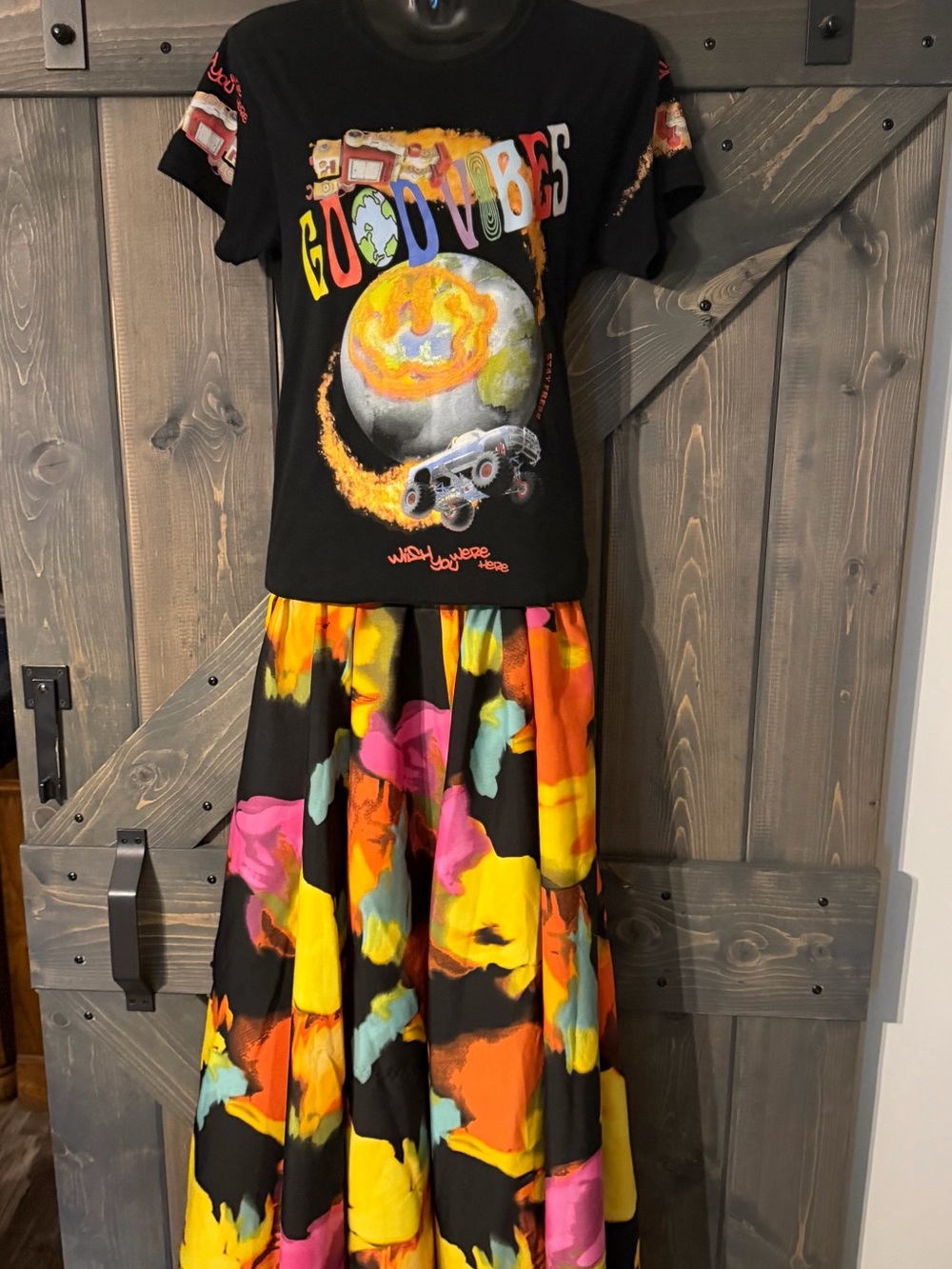 Upcycled Tshirt Dress with full Maxi Skirt - Picture 2 of 9